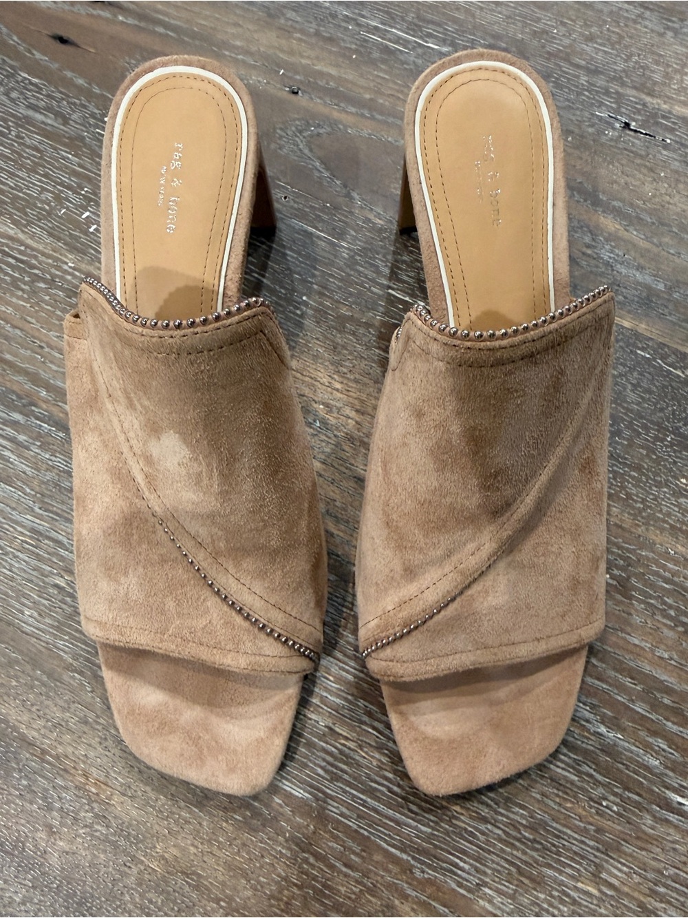 rag & bone Suede Tan Slide Mules with Bead Trim